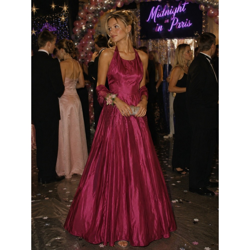 Vintage Scott McClintock Cranberry Red Halter Gown Rhinestone Pockets Size 6